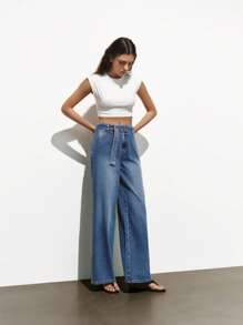 Lumivelle Women's Denim Straight-Leg Pants With Belt, Fashion For Summer - Medium Wash - View 3