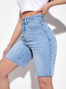 SHEIN Tall 女士休闲水洗高腰牛仔短裤，夏季 - 藍色 - 查看 5