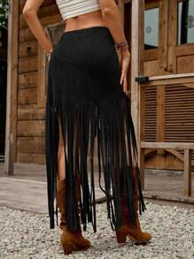 SHEIN LUNE Camel Suede Deer Skin Fringed Hem A-Line Mini Skirt, Suitable For Spring/Summer Country Music Festival Tassel Skirt Fringe Skirt Black Fringe Skirt Black Skirt With Fringe - Black - View 3