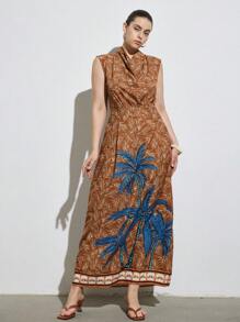 Aveloria Modichic Nouvelle robe longue style vacances à la plage pour femmes grandes tailles, avec imprimé rétro arbre de noix de coco, col volant, nœud, taille élastique et coupe fuselée - Multicolore - Voir 7