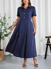 SHEIN Clasi Plus Size Women Navy Blue Striped Collared Short Sleeve A-Line Work Commute Dress,4th Of July Dress,4th Of July Outfits,Professional Women Clothes,Summer Outfits For Women,Summer Dresses For Women, ,Graduation Dress 4th Of July Dress,Summer Dresses,Elegant Dresses For Women,Modest Dresses For Women,Dresses For Women Party,Semi Formal Dress Women,Vacation Outfits Woman,Navy Blue Dress Women, Holiday Outfits,Office Outfits For Women,