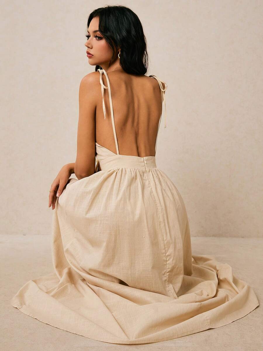 Poéselle 卡其色连衣裙、棉质吊带连衣裙、长款连衣裙、露背连衣裙、细肩带连衣裙、下午茶连衣裙、毕业礼服、白色毕业礼服、海滩度假装、女士优雅夏季细肩带露背褶皱长裙 - 卡其色 - 查看 1