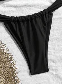 Swim Mod 2 件套泳衣套装，夏季假日金属纯色粗肩带海星装饰三角杯文胸和丁字裤比基尼，性感女士泳装套装 - 黑色 - 查看 6