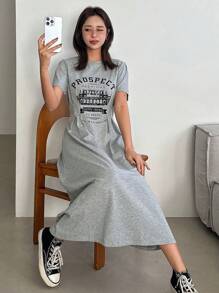 DAZY Letter Graphic Print Ruched Neck Midi Dress For Women Sundress,Casual Women Dresses - Grey - View 3
