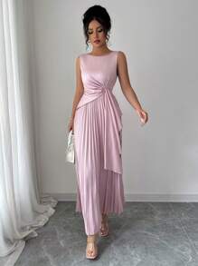 Elenzga Women's Pink Round Neck Sleeveless Ruched Waist Dress