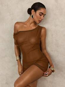 Swim Glamine Women's Asymmetric Ruched Tie Front Wrap Dress For Summer Beach Vacation - Brown - View 5