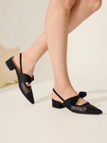 CUCCOO CHICEST Black Polka Dot Mesh Bow Design Flats, Sexy Elegant Lady Style Breathable Low Heel Backless Slip On Shoes