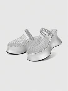 ROMWE Damen Dunkel Punk Goth Sommer geflochtene Strandschuhe, Plateau Keilabsatz Sandalen für Urlaub, Halloween - Silber - Übersicht 5