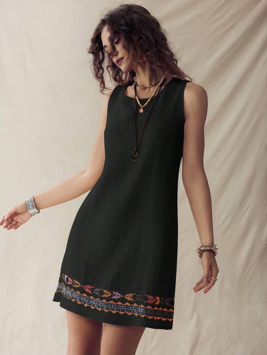 EMERY ROSE Váy vest không tay vải lanh họa tiết quả mơ cho kỳ nghỉ bãi biển mùa hè dành cho nữ - màu đen - Xem 1