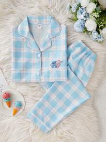 Set de 2 piezas de ropa informal para niñas preadolescentes: Cárdigan holgado de manga corta con bolsillo, estampado a cuadros y bordado de dibujos animados, y pantalones largos cómodos - Multicolor - Ver 8