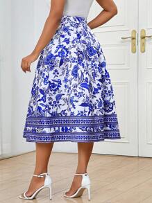 SHEIN Lady Women's Boho Midi Skirt: Blue And White Floral Print Woven Wrap Skirt With A Pleated A-Line Silhouette For A Chic Summer Look - Multicolor - View 2