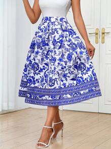 SHEIN Lady Women's Boho Midi Skirt: Blue And White Floral Print Woven Wrap Skirt With A Pleated A-Line Silhouette For A Chic Summer Look - Multicolor - View 4