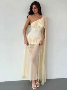 Aloruh New Asymmetric Shoulder Net Yarn Embroidered Ruched Flowy Band Fitting Elegant Luxurious Charming Party Dress For Women - Apricot - View 7