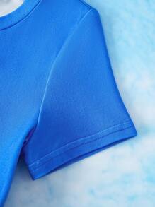 SUPERMAN X SHEIN Young Girl Cartoon Superhero With Golden Belt, Red Star Mesh Blue Short Sleeve Dress, And Cute Design - Multicolor - View 7