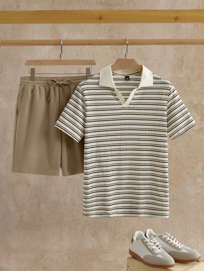 Manfinity NXTstreet 2 Pieces Set Men Casual Striped Short Sleeve Polo Shirt And Solid Color Shorts Polo Suit, Cozy Outfits