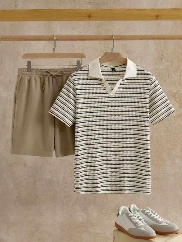 HIMLAND 2-teiliges Set Herren Lässig Gestreiftes Kurzarm Poloshirt und einfarbige Shorts Polo Anzug