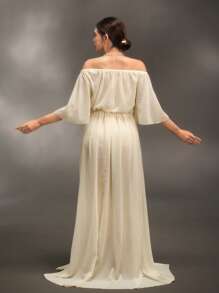 Cheriluna Maternity Robe de grossesse pour séance photo à épaules dénudées, couleur unie, avec fente haute et ourlet volant