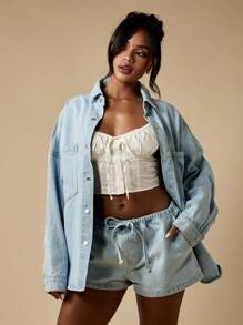 MISSGUIDED 休闲节日夏季两件套牛仔套装，浅色水洗宽松外套搭配弹力腰短裤，适合沙滩度假街头风穿搭。 - 淺色水洗藍 - 查看 5