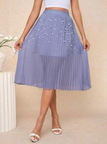 Ellevyn Falda de gasa azul de alta calidad, de corte delgado, con pliegues y cuentas, elegante y nueva, para el verano