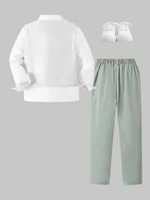 Set de 2 vestă elegantă, la modă, casual, pentru băieți preadolescenti, include vestă albă neregulată + cămașă albă cu mânecă lungă + pantaloni lungi verzi