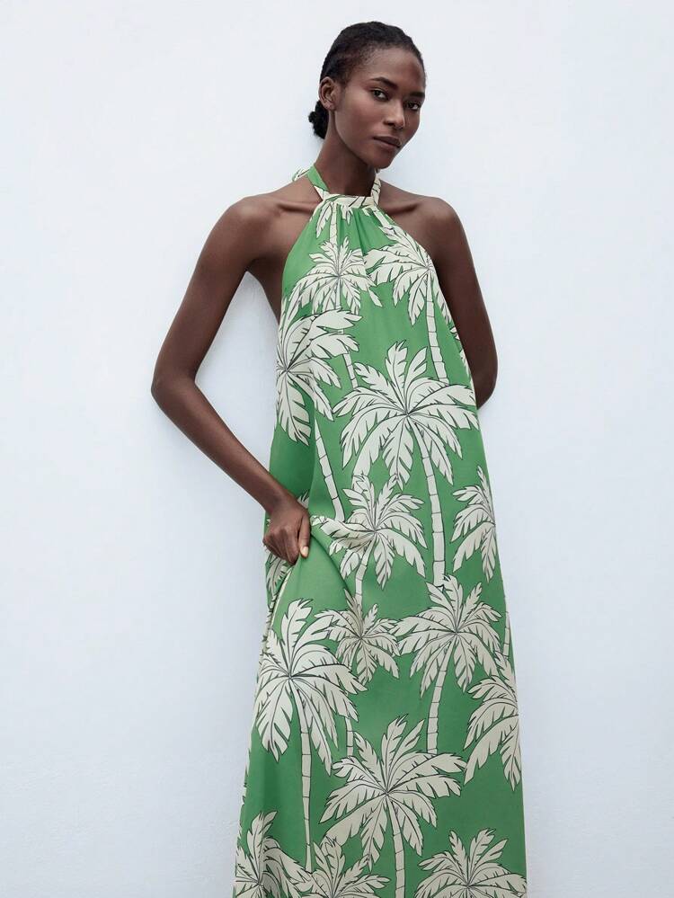 SHEIN Maija Summer 2025 New Sage Green Tropical Rainforest Palm Tree Print Halter Neck Tie Dress, Fashion Casual Chic Urban Elegant Romantic Business Casual Versatile For Office, Party, Beach, Resort, Music Festival, Wedding Guest, Brunch