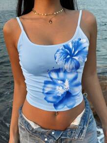 SHEIN EZwear Retro Style Vacation Tropical Cream Blue Floral Placement Print Sexy Racerback Tank Top, Suitable For Summer Suitable For Going Out