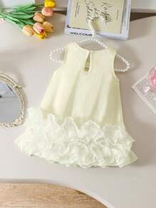 Baby/Baby Girl Spring/Summer Elegant Bowknot Decor Mesh Ruffle Hem Sleeveless Dress - Apricot - View 2
