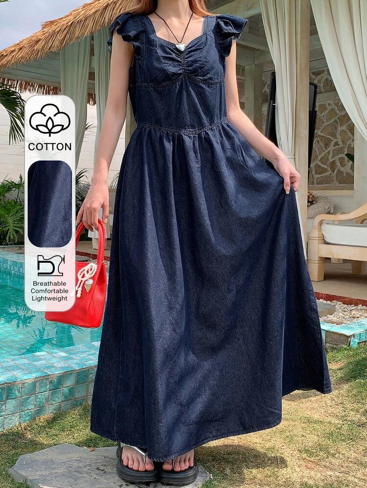 Summer New Elegant Denim Dress For Women,Ruffle Maxi Dress