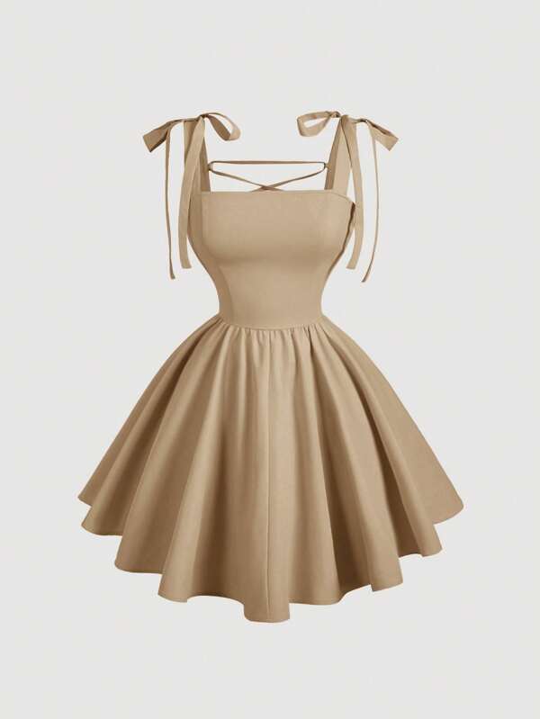 SHEIN MOD Khaki Dreamy Romantic Backless Tie Up Bowknot Dress, For Dates, Parties, Holidays, Tea Parties, Birthday Occasion