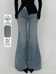 DAZY 女士低腰喇叭牛仔裤，休闲性感纯色简约风格牛仔裤 - 淺色水洗藍 - 查看 1