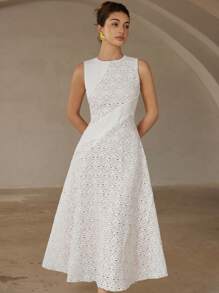 GENKIRA Robe longue élégante de haute qualité au design simple, de couleur unie, avec encolure ronde, à la taille, avec patchwork en dentelle, sans manches et à ourlet en forme de A pour femmes - Blanc - Voir 5