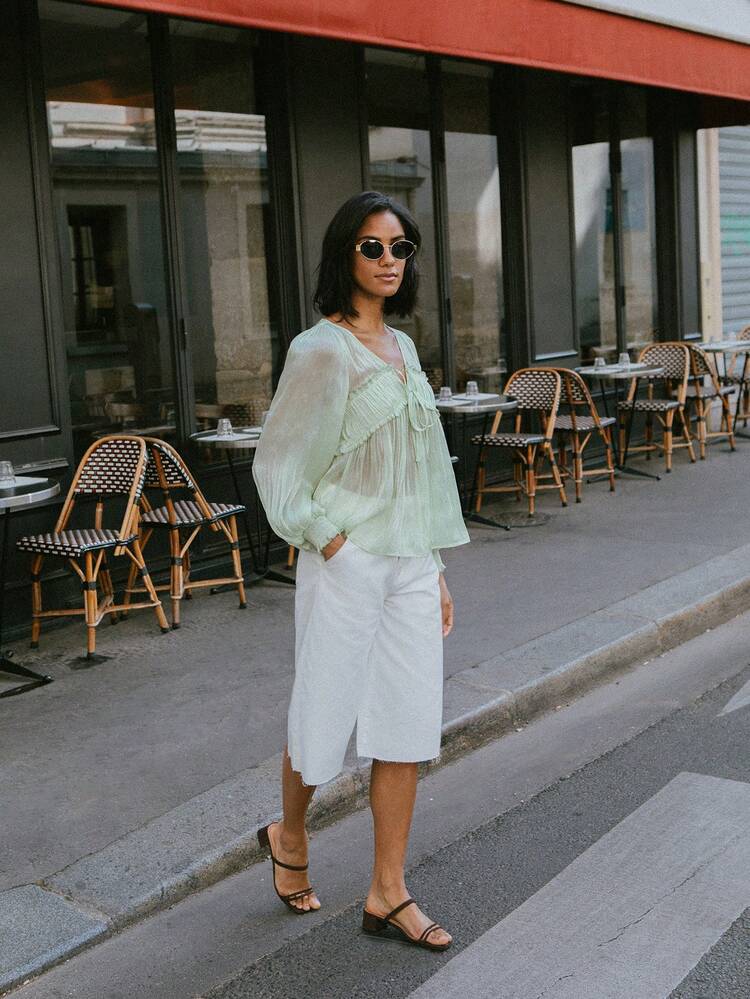 Green Sheer Long Sleeve Vacay Blouse With Gathered Bust And Tie Front Detail Vacation Woman Flowy Top Spring Top Fall Women Spring Summer