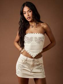MISSGUIDED Western Embroidered Mini Denim Skirt With Stud Details Festival Concert Party High Waisted Embellished Cowgirl Y2K Retro Style - Khaki - View 6