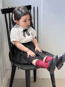 DAZY 女嬰夏季彼得潘領蝴蝶結泡泡袖上衣與純色百褶裙2件套幼兒裝 - 黑色 - 查看 5