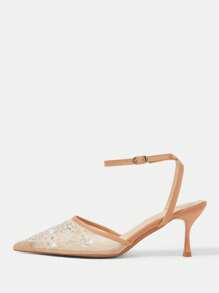 CUCCOO HITCHD Women's Shiny Crystal Pointed Toe Wine Glass Heel Elegant Romantic Apricot Mesh Upper High Heel Pumps, New Bride Wedding Party Dress Shoes, Ankle Strap Fashion Gala Evening Wear - Khaki - View 9