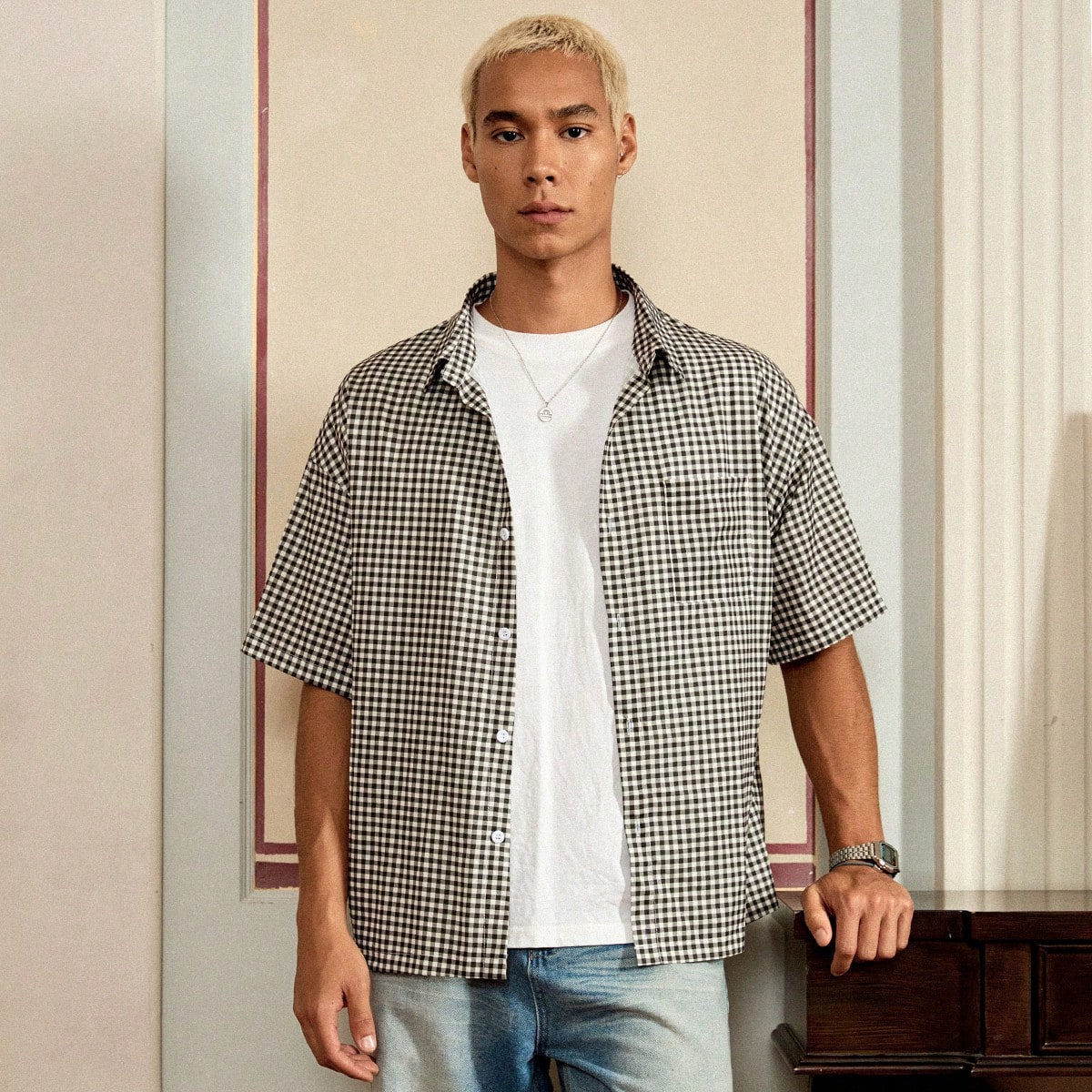 Camisa casual de manga corta a cuadros para hombre, para el verano