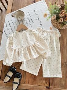 SHEIN 可爱优雅的蝴蝶结荷叶边波点上衣和松紧腰裤两件套 - 杏色 - 查看 2