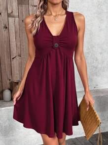 Breezaya Vacation Casual Solid Color Sleeveless Dress - Burgundy - View 4