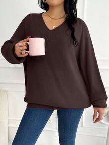 EURMUSE Plus Size Plain Color Raglan Sleeve Casual Sweater, Autumn/Winter - Brown - View 4