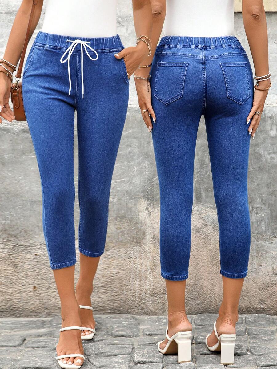 SHEIN LUNE Pantalon long en jean unicolore, pour l'été - Bleu azur - Voir 1