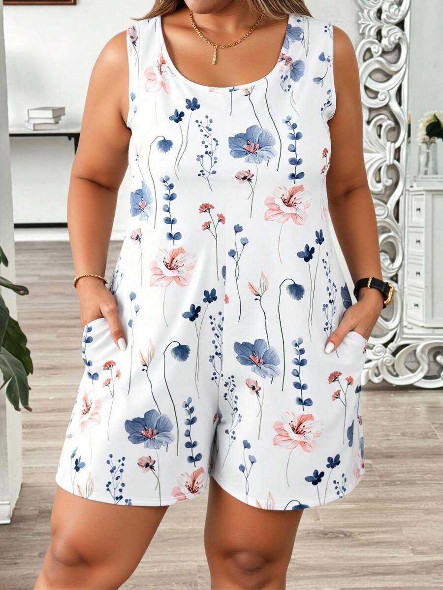 EMERY ROSE Plus Size Ditsy Floral Casual Jumpsuit, Suitable For Spring & Summer, Festival & Vacation Wear Suitable For Going Out