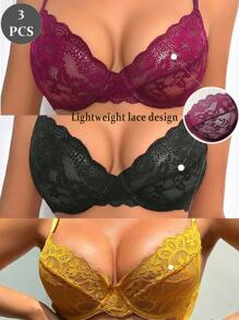 SHEIN 女士蕾丝内衣文胸三件套 - 彩色 - 查看 3