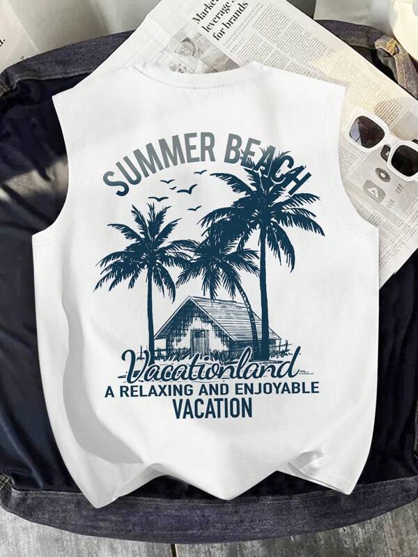 Manfinity Joysei Plus Size Men's White Casual Palm Tree Print Vest Top, Holiday Wear