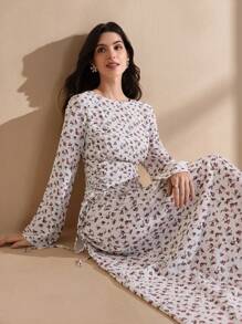 Graceveil 女士雪纺花卉印花长袖侧系腰法式甜美夏装 - 白色 - 查看 7