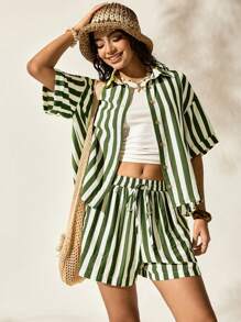Easelle Green Striped Woven Casual Flowy Comfy Shorts Side Button Design Shirt Boho Vacation Outfit Summer Outfits - Green - View 8