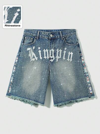Men's Fashion  Shiny Diamond Letter Embroidery Denim Shorts