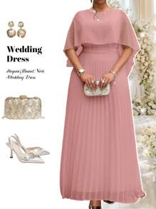 Fleurora 春夏优雅通勤办公室派对婚礼酒会音乐会/音乐节白色编织雪纺圆领喇叭形系带褶皱四分之一袖大码连衣裙优雅女装高档服装，女士正式礼服 - 粉色 - 查看 1