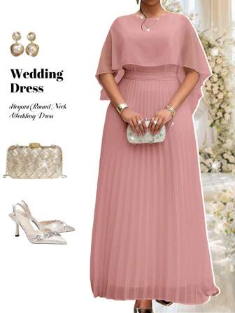 Fleurora Spring And Summer Elegant Commuting Office Party Wedding Cocktail Party Concert/Music Festival White Woven Chiffon Round Neck Flared Lace Up Pleated Quarter Sleeves Plus Size Dresses Elegant Women Dresses Classy Outfits,Formal Dresses For Women