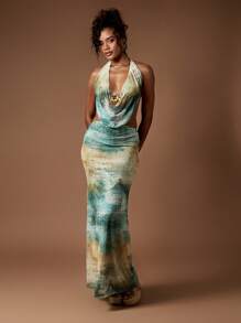 MISSGUIDED 露背长裙水彩印花垂坠式围脖领口夏季度假装晚礼服露背款式镂空设计 - 彩色 - 查看 1