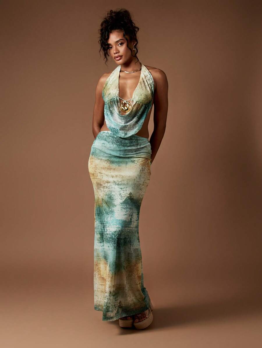 MISSGUIDED 露背长裙水彩印花垂坠式围脖领口夏季度假装晚礼服露背款式镂空设计 - 彩色 - 查看 1